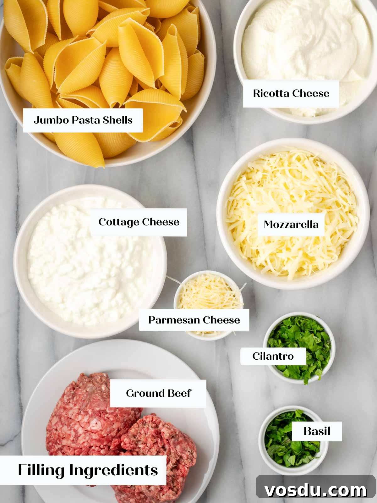 Cheesy Baked Stuffed Shells with Italian Meat Filling 4 ingredients for stuffed shells on marble.
