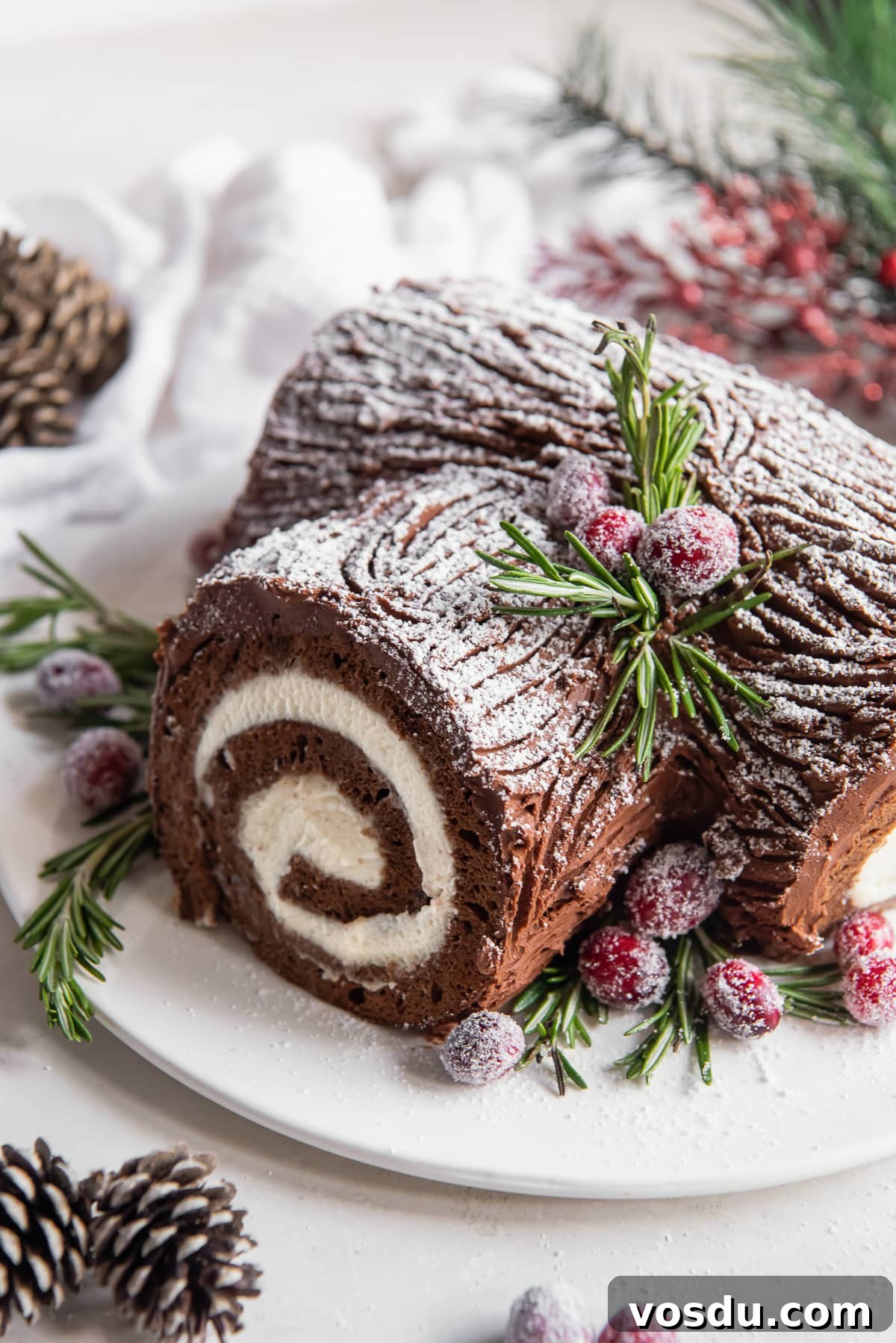 Classic Bûche de Noël Recipe: Traditional French Yule Log Cake 2 chocolate Bûche de Noël cake with mascarpone filling and chocolate ganache frosting.