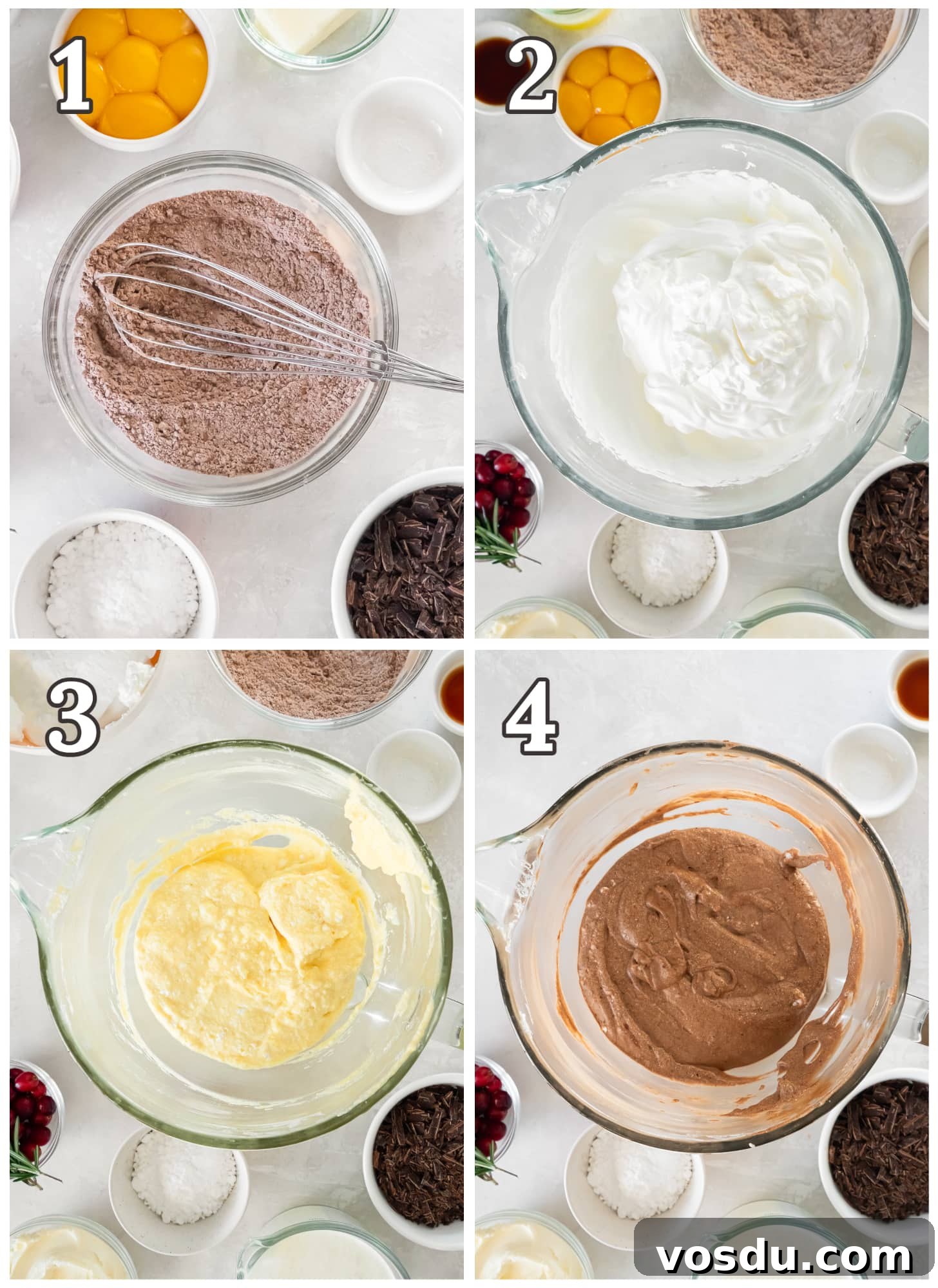 Classic Bûche de Noël Recipe: Traditional French Yule Log Cake 4 photo collage demonstrating how to make buche de noel cake batter in a mixing bowl.