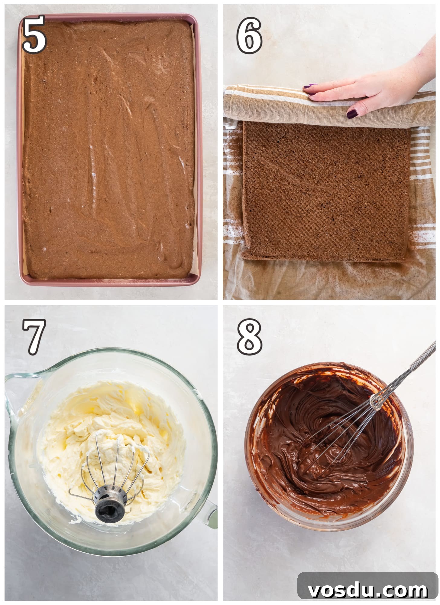 Classic Bûche de Noël Recipe: Traditional French Yule Log Cake 5 photo collage demonstrating how to frost and reroll buche de noel cake and cut into log shape.