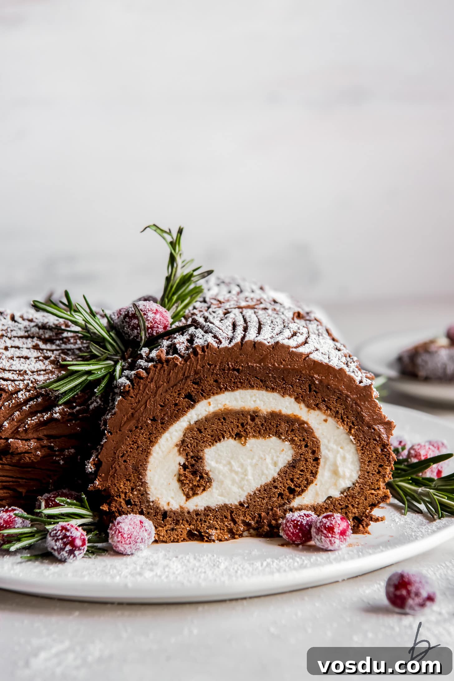 Classic Bûche de Noël Recipe: Traditional French Yule Log Cake 6 end of a yule log cake showing mascarpone filling swirl with chocolate cake.