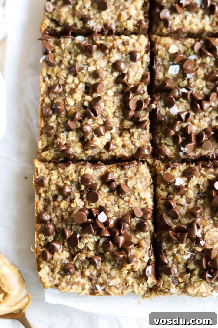 Close-up photo of sliced banana peanut butter oat bars topped with chocolate chips and flakey sea salt