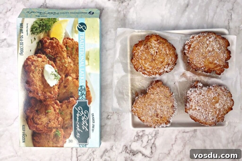 Air Fryer Trader Joe’s Frozen Latkes (Crispy Potato Pancakes) 4 trader joe's frozen latkes next to box