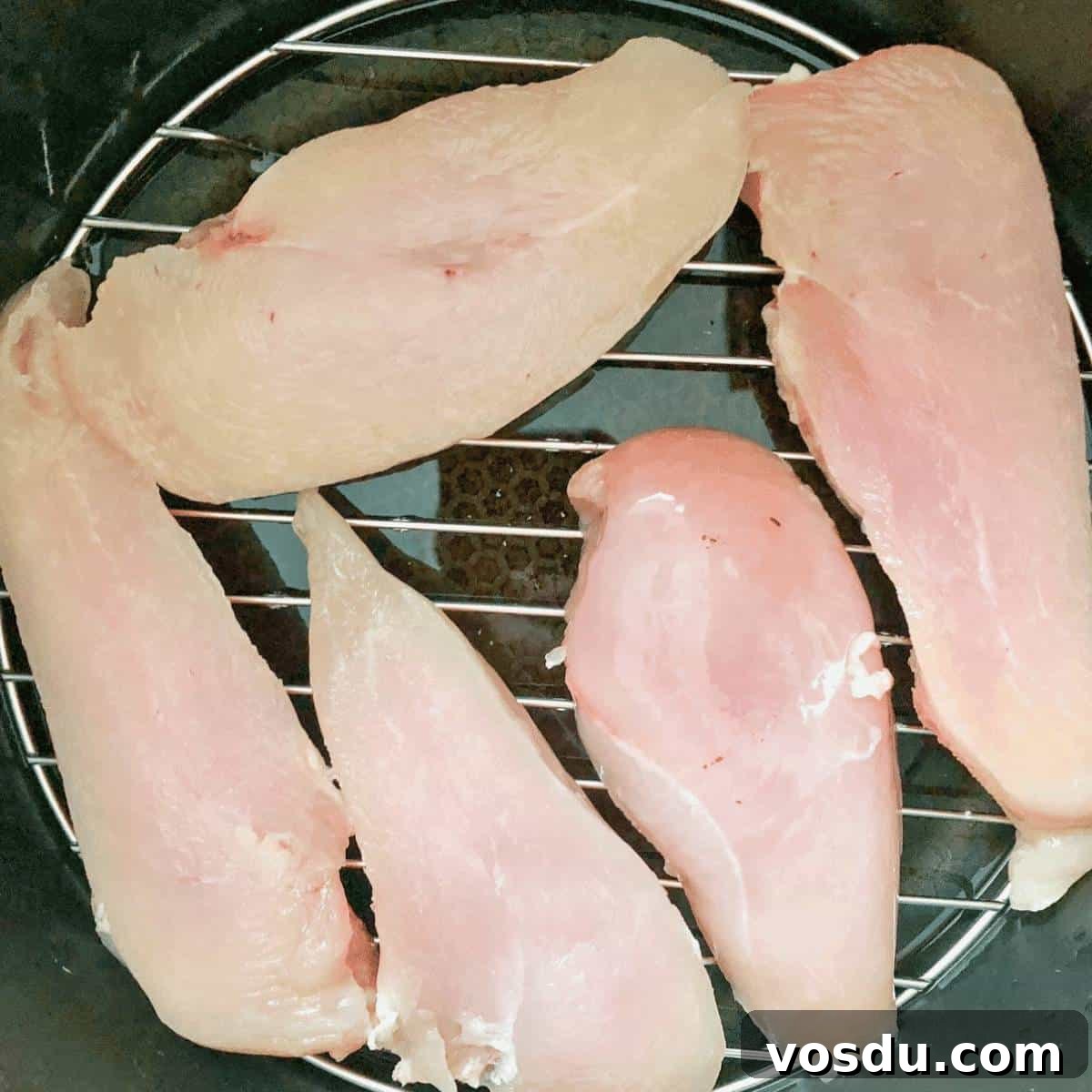 Instant Pot Frozen Chicken Breast: Juicy Chicken in 30 Minutes 4 Frozen chicken breasts placed on the trivet in the pressure cooker.