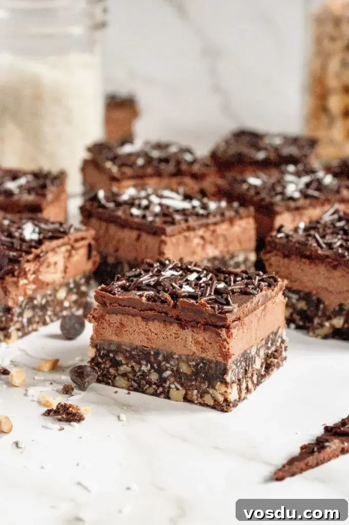 Gluten-Free Vegan No-Bake Chocolate Bars Recipe 5 No-bake chocolate bars are dessert squares made up of three rich dark chocolate layers and topped with chocolate sprinkles and bright white shredded coconut.