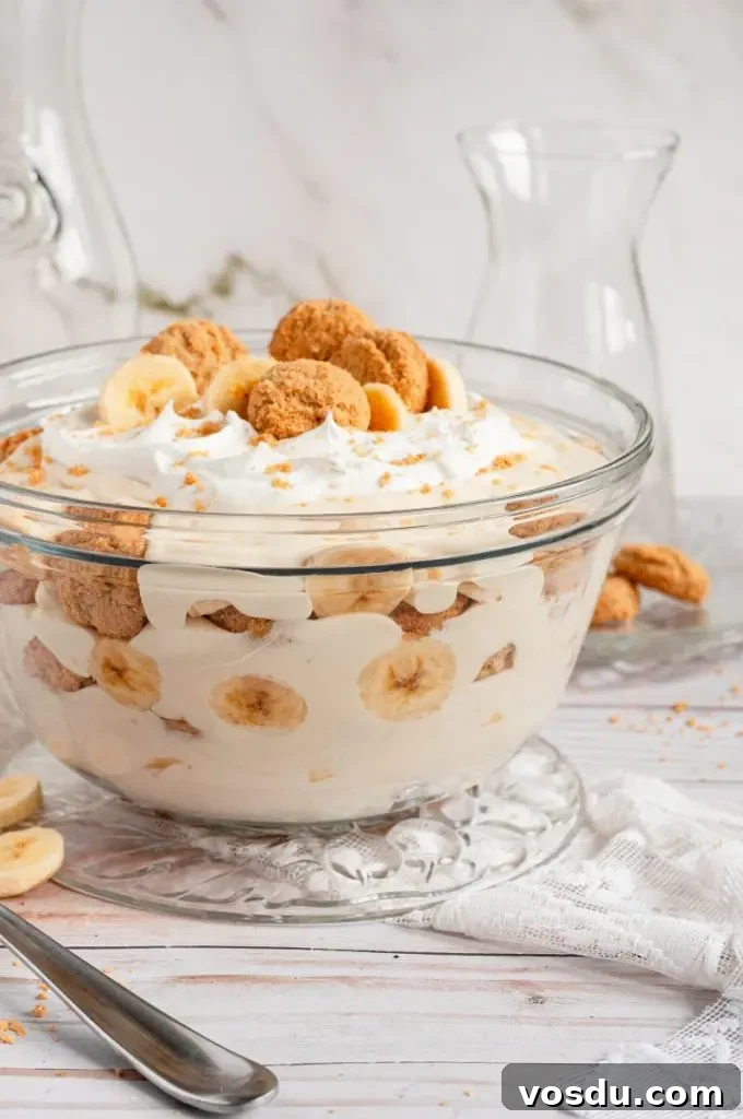 Gluten-Free Vegan No-Bake Chocolate Bars Recipe 8 Light yellow banana pudding with golden cookie wafers, yellow banana slices, and topped with bright white whipped cream.