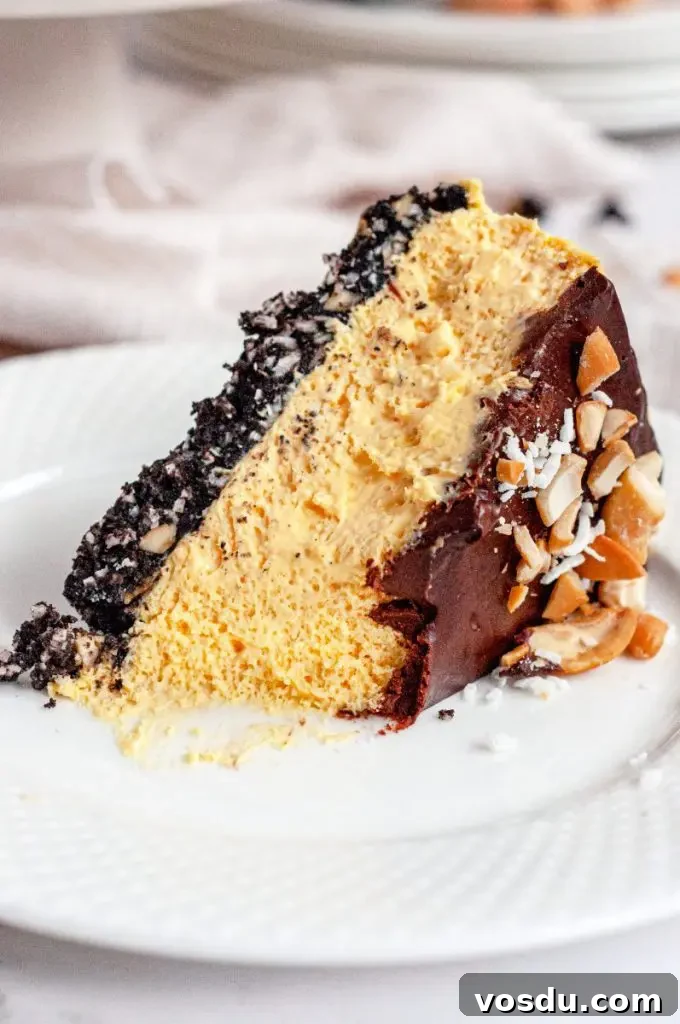 Gluten-Free Vegan No-Bake Chocolate Bars Recipe 9 a slice of no-bake nanaimo bar cheesecake laying on its side on a white plate.
