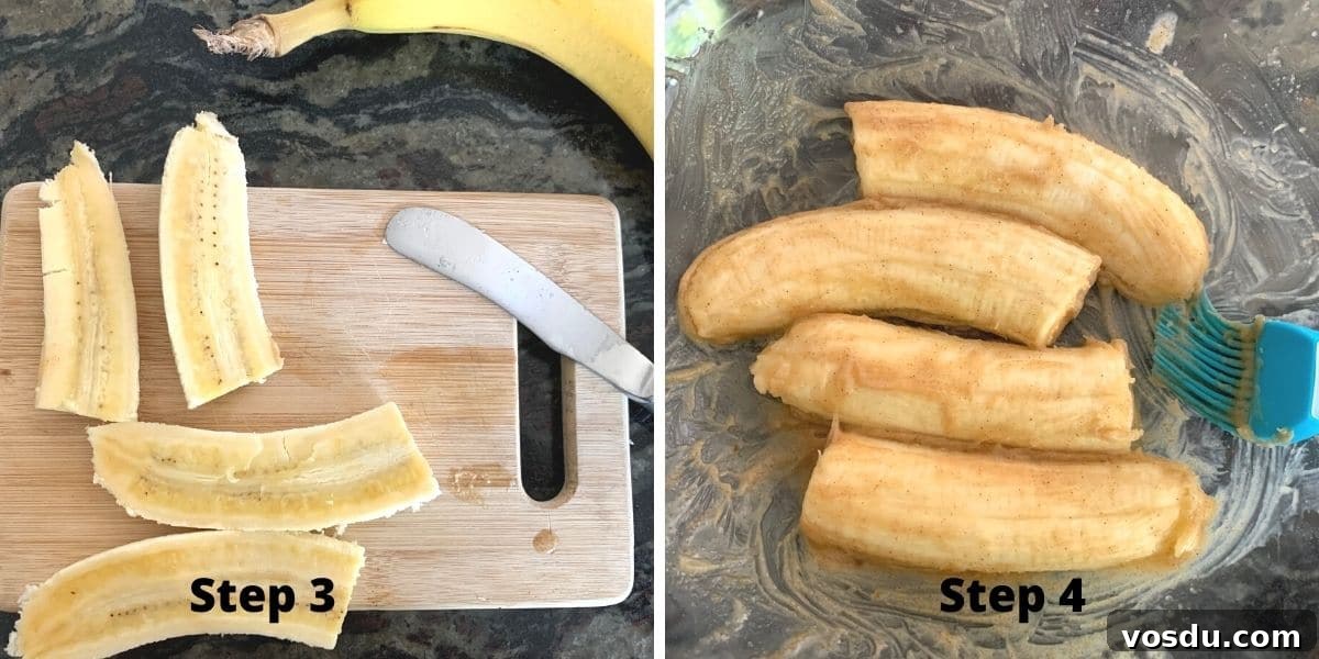 Crispy Caramelized Bananas in the Air Fryer: Quick Recipe 5 Photos of the sliced bananas and the bananas in the butter.