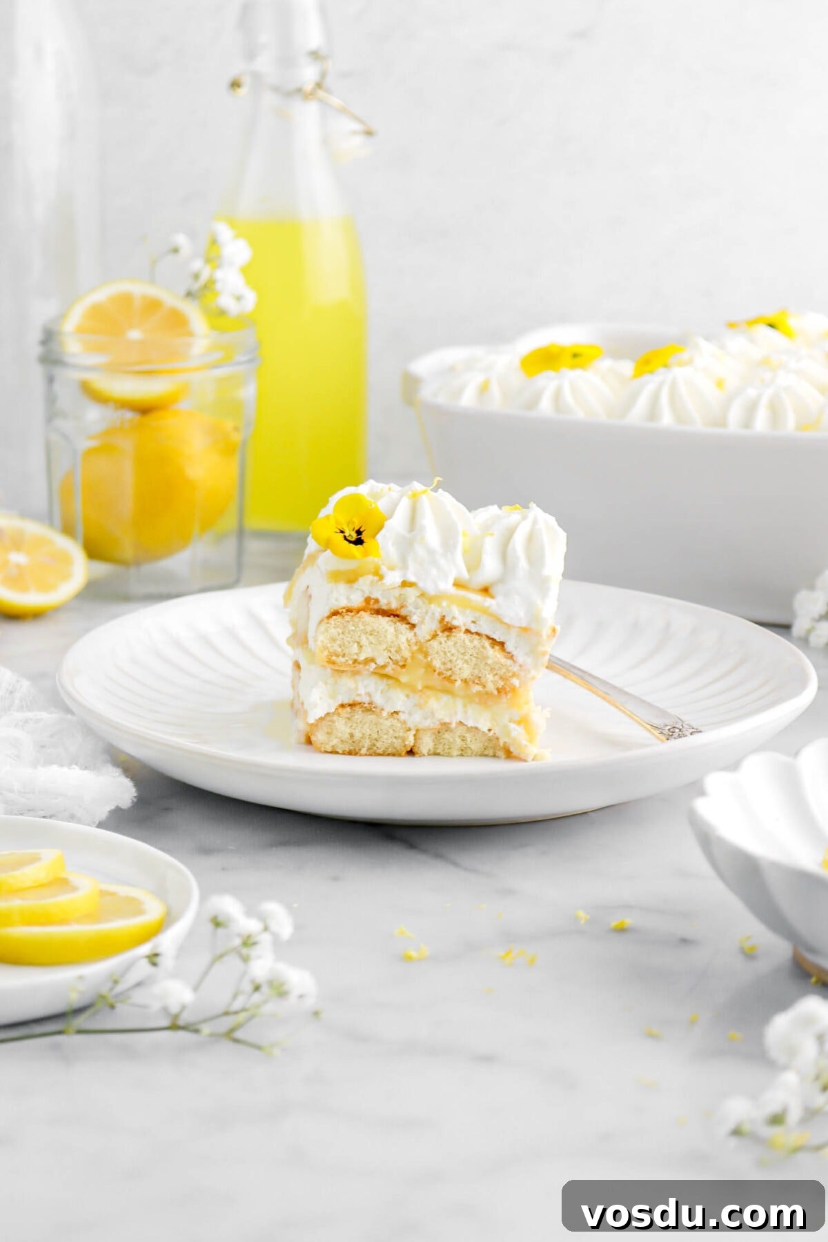 front shot of lemon tiramisu on white plate with glass of limoncello behind, jar of lemons behind, as well as white casserole of tiramisu beside.
