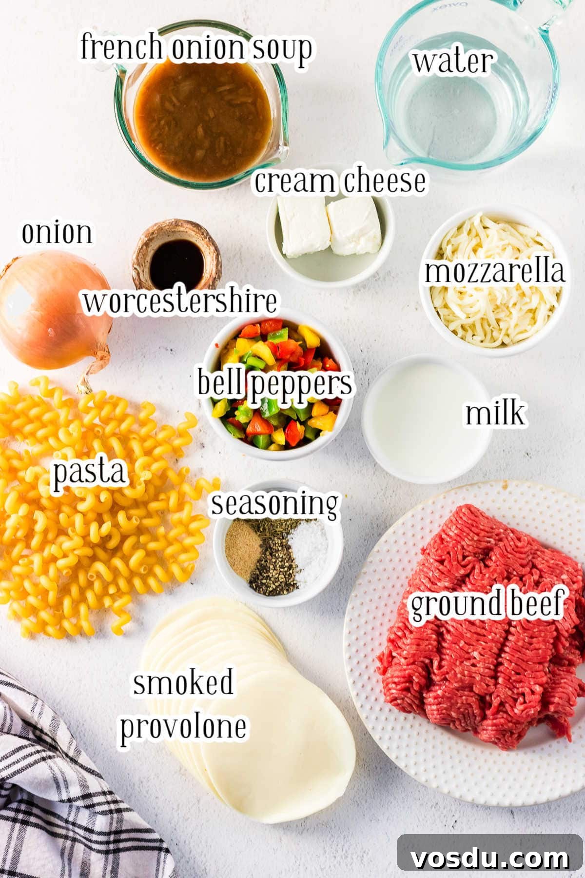 One-Pot Philly Cheesesteak Pasta Recipe for Fast Weeknight Dinner 3 Labeled ingredients for this pasta recipe.