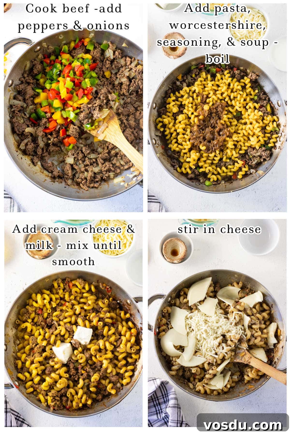 One-Pot Philly Cheesesteak Pasta Recipe for Fast Weeknight Dinner 4 Step by step images for making philly cheesesteak pasta dinner.