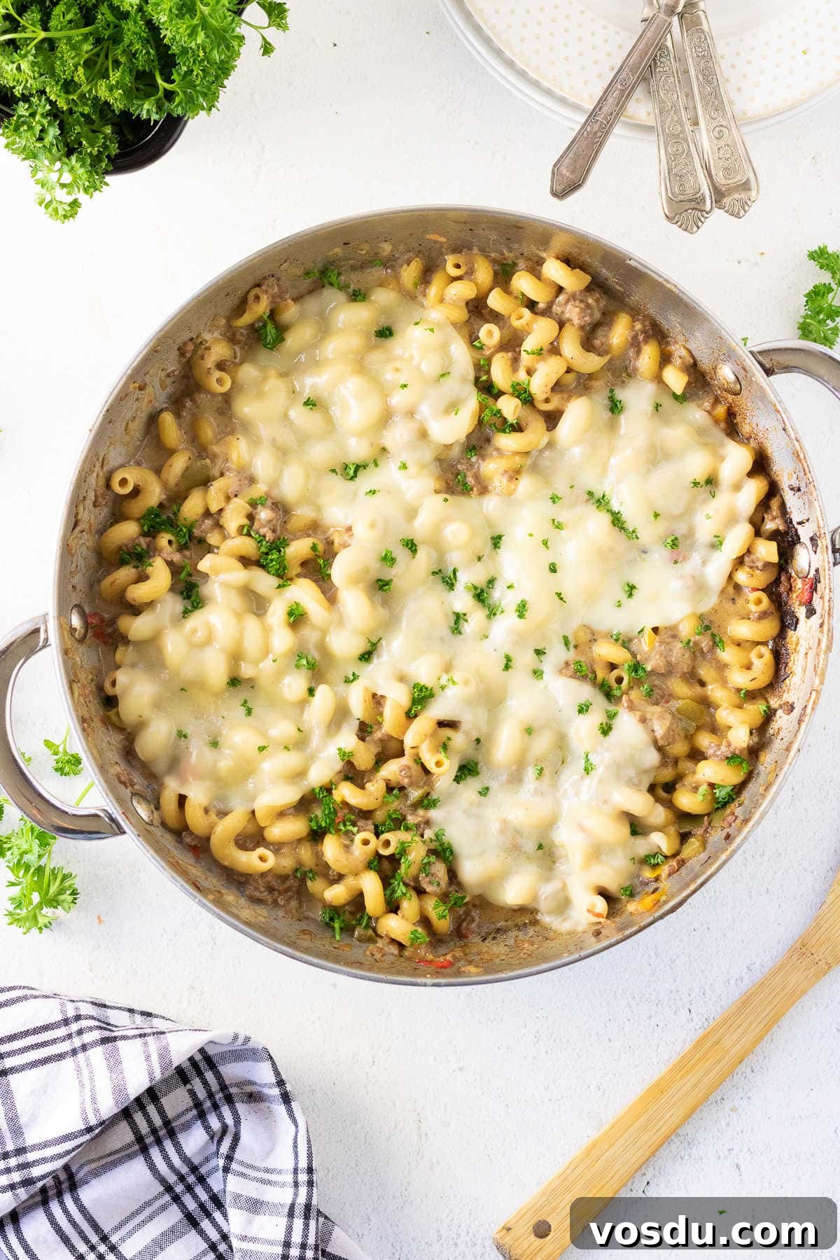 One-Pot Philly Cheesesteak Pasta Recipe for Fast Weeknight Dinner 5 Overhead view of Philly cheesesteak pasta ready to be served.