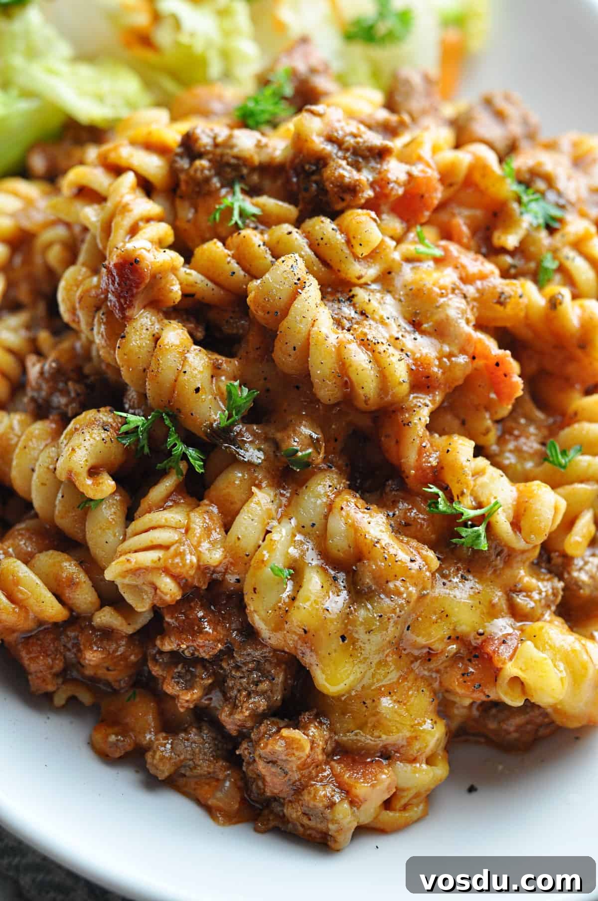 Slow Cooker Hungarian Goulash Recipe for Tender Beef 2 Rotini pasta with ground beef, tomato sauce, and melted cheese served on plate.