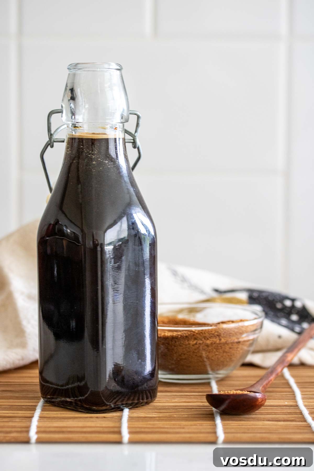 Coconut Sugar Syrup Recipe for Coffee, Drinks & Boba 2 A bottle of coconut sugar syrup.