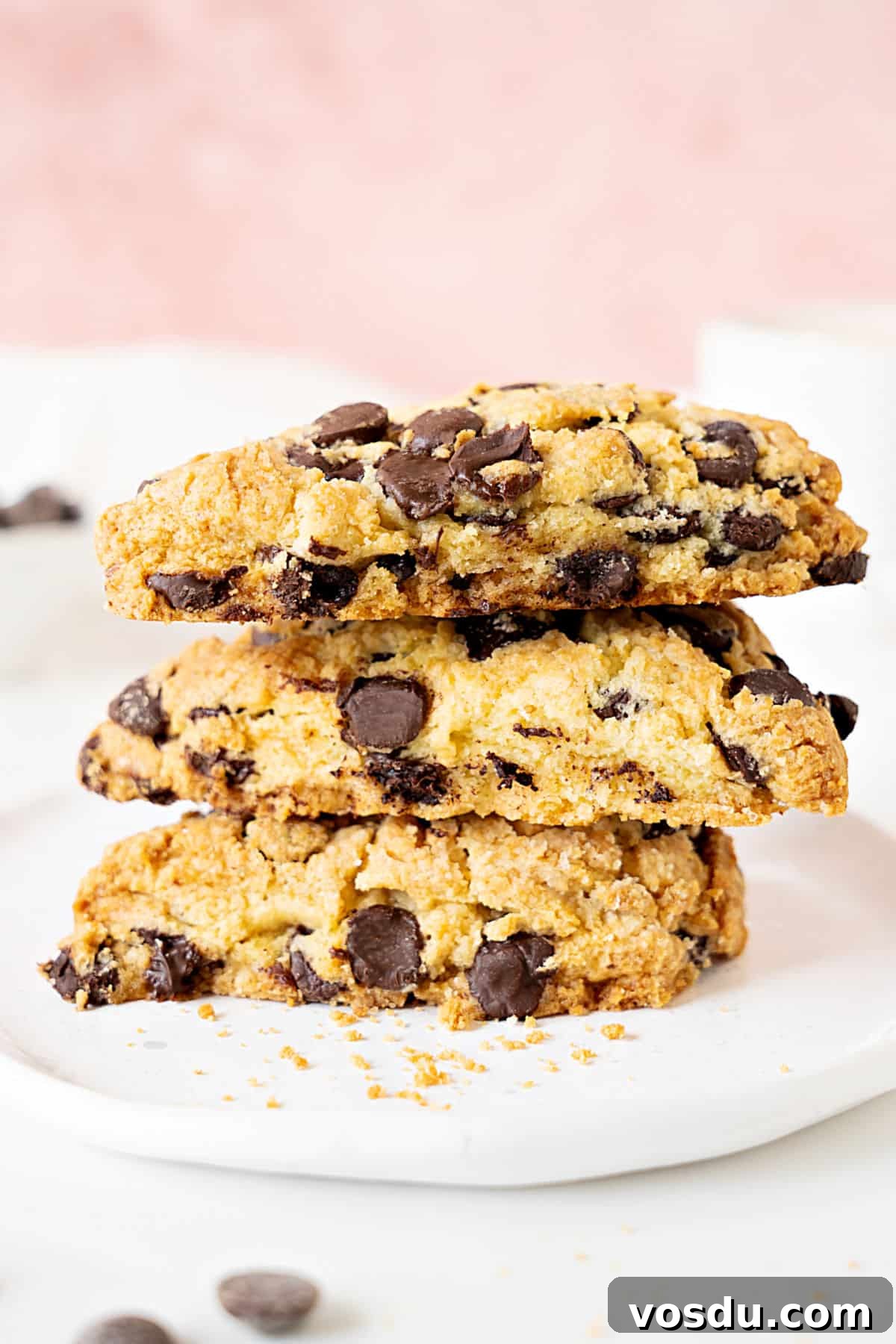 Irresistible Chocolate Chip Scones Recipe for Perfect Breakfast 2 Pink white background with chocolate chip scones stack on a white plate.