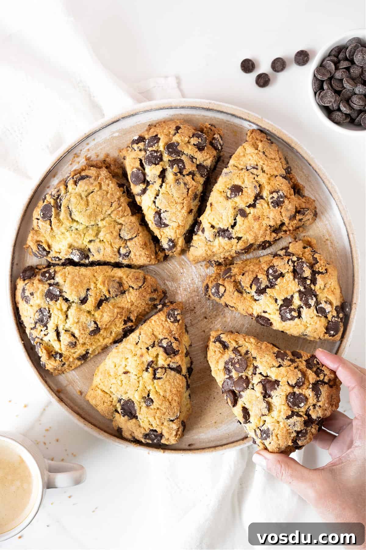 Irresistible Chocolate Chip Scones Recipe for Perfect Breakfast 3 Hand grabbing chocolate chip scone from plate with more scones. White background. Top view.