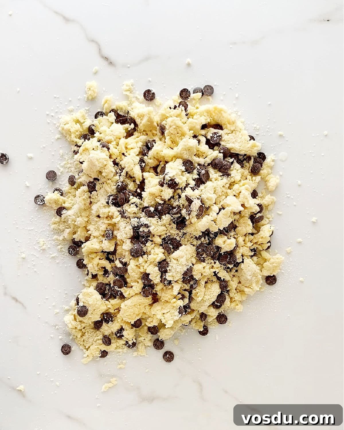Irresistible Chocolate Chip Scones Recipe for Perfect Breakfast 4 Shaggy mass of unformed chocolate chip scone dough on white marble.