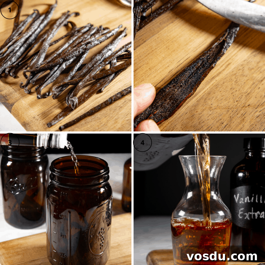 a series of process shots, a pile of vanilla beans on a cutting board, then a vanilla bean cut open, then the vanilla beans in a jar being filled with vodka then the finished vanilla pouring into a decanter.