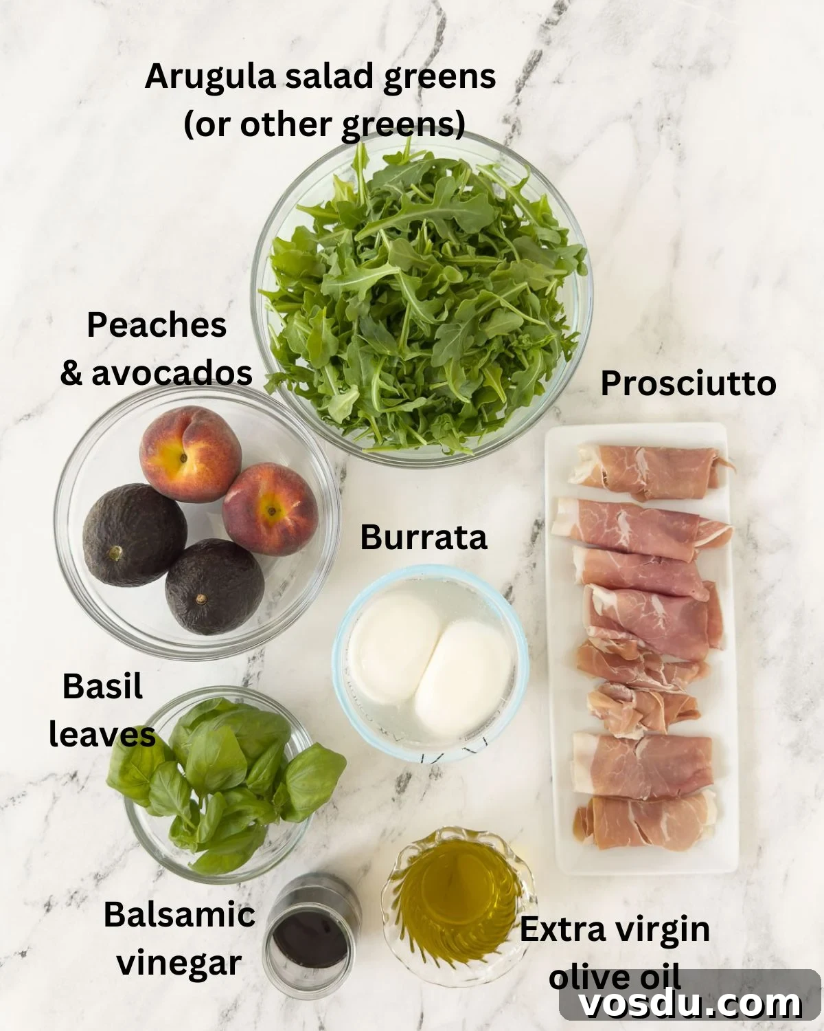 Summer Peach Burrata Salad with Prosciutto and Arugula 3 Ingredients for a burrata peach salad in prep bowls for assembling the salad.