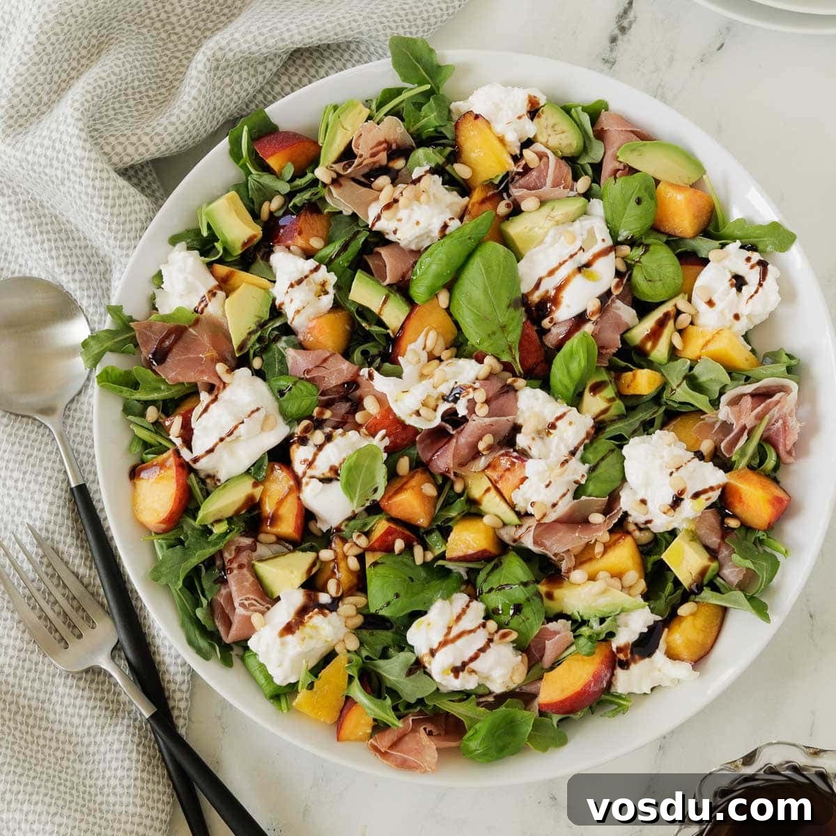 Summer Peach Burrata Salad with Prosciutto and Arugula 4 Colorful summer salad or burrata cheese, golden peaches, greens, basil, and balsamic dressing.