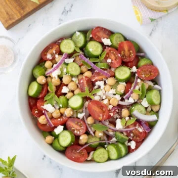 Tomato and cucumber salad, with red onion, feta, and garbanzo beans with greek dressing.