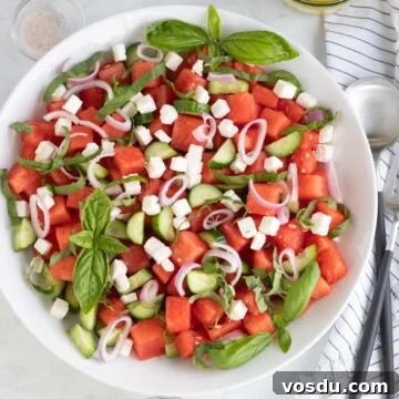 Watermelon salad ready to serve with cucumber, feta, basil, shallots.