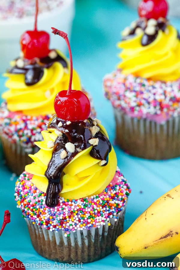 Banana Split Cupcakes Banana split cupcakes with strawberry and vanilla buttercream and sprinkles