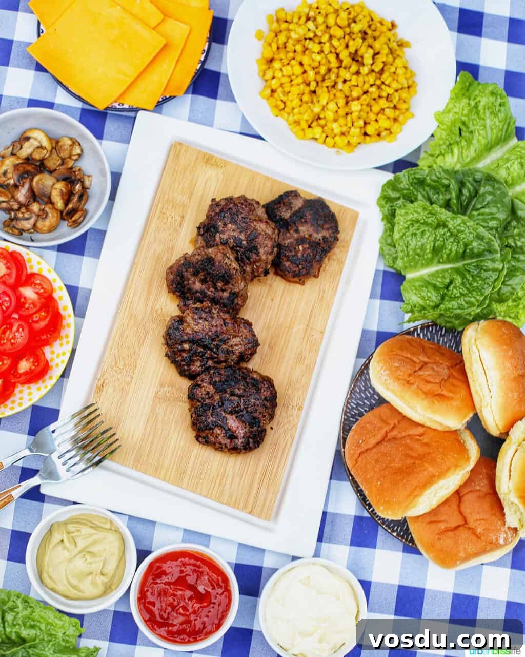 Ultimate Guide to Burgers: Build Your Own Burger Bar at Home 2 the ultimate burger bar on checkered tablecloth