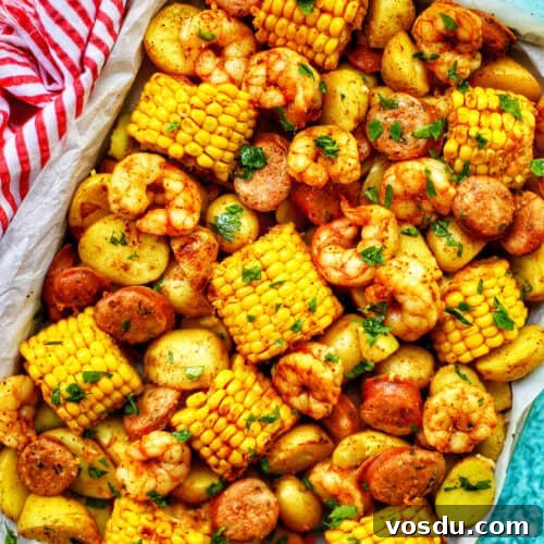 tray of seafood, corn, sausage low country boil