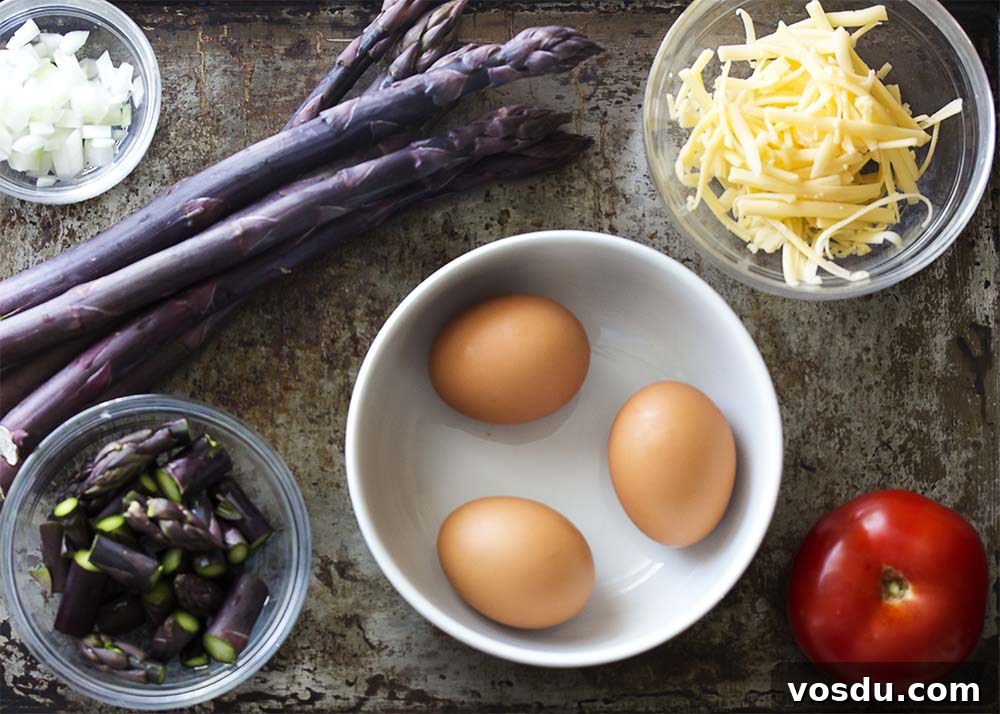 Smoked Gouda & Asparagus Omelet Recipe for Brunch Delight 3 Take advantage of fresh asparagus to make a healthy spring omelette! This asparagus omelette is full of smoked gouda cheese, sauteed onions, and tomatoes. Great for breakfast, brunch, or even dinner.