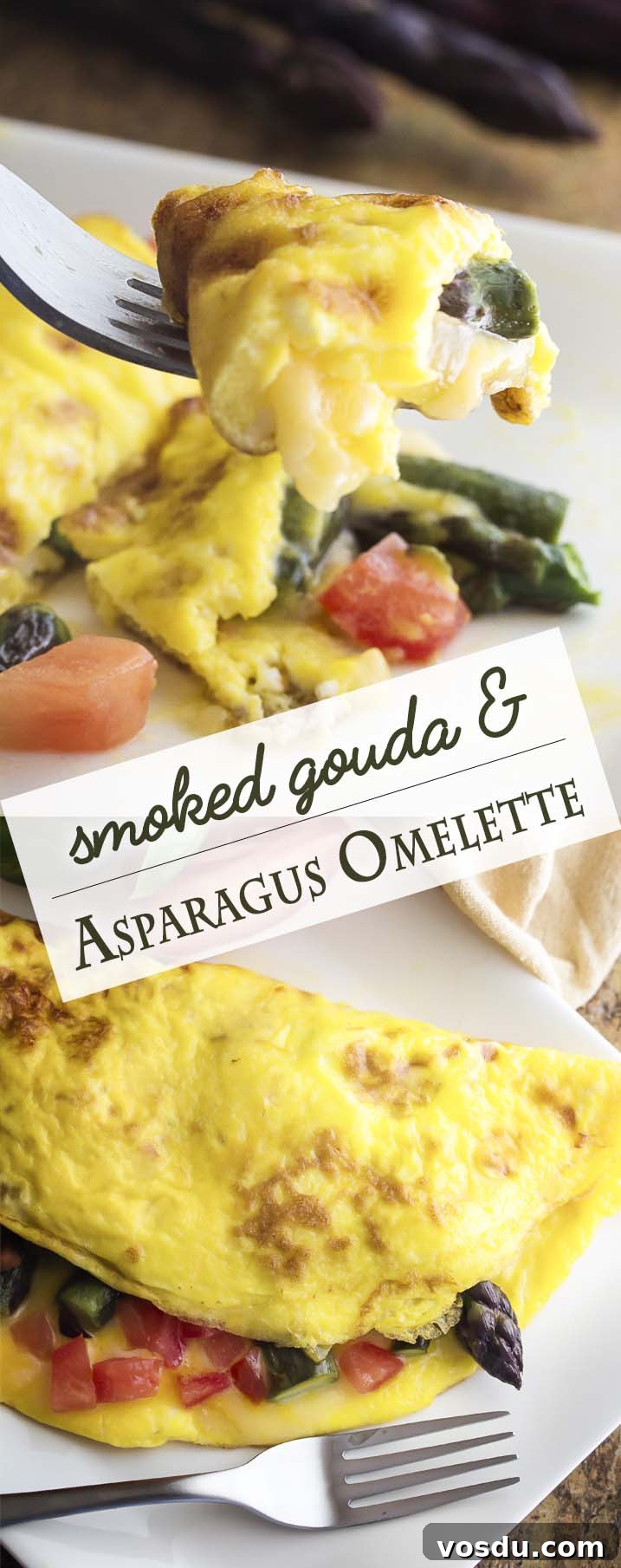 Take advantage of fresh asparagus to make a healthy spring omelette! This asparagus omelette is full of smoked gouda cheese, sauteed onions, and tomatoes. Great for breakfast, brunch, or even dinner.