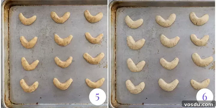 Buttery Almond Crescent Cookies Recipe for Tender, Nutty Crescents 4 cookies on a baking sheet before and after being baked