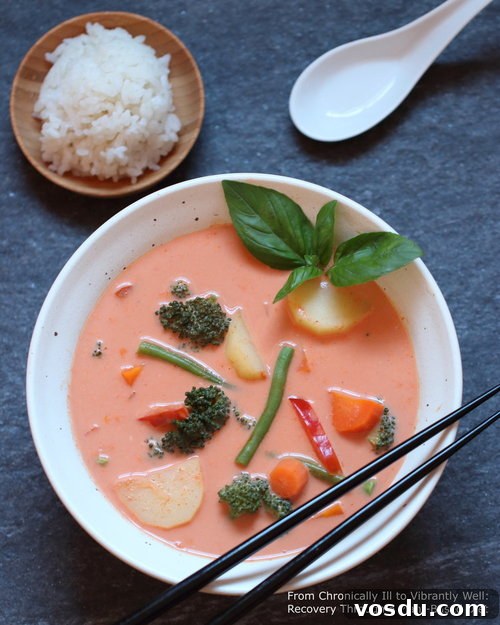Soy-Free Vegetarian Thai Green Curry Recipe for Flavorful Meals 3 Thai Red Curry served in a bowl with chopsticks and rice on the side