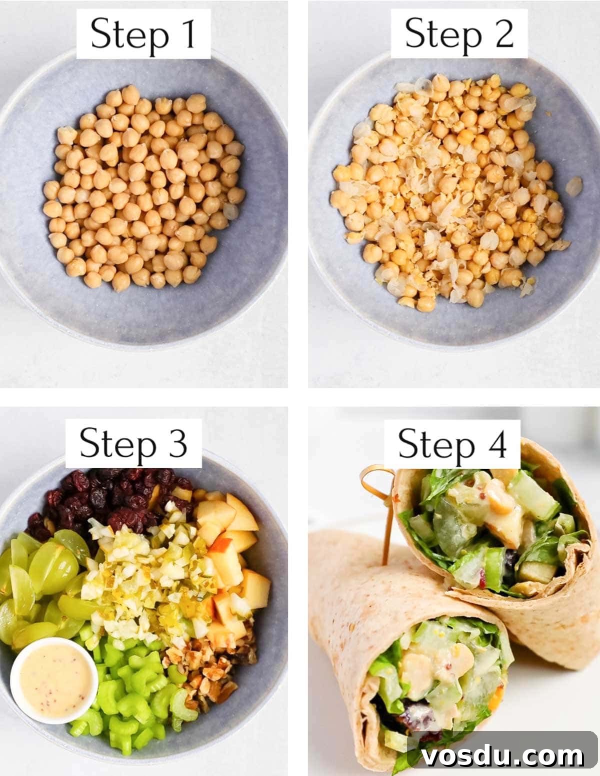 Flavorful Vegan Chickpea Salad with Lemon Herb Dressing 5 Four images labeled Step 1-Step 4. Step 1: chickpeas in a blue bowl, step 2: mashed chickpeas in a blue bowl, step 3: cranberries, apples, grapes, celery, pickles, nuts, and dressing in a blue bowl, Step 4: a chickpea salad wrap.