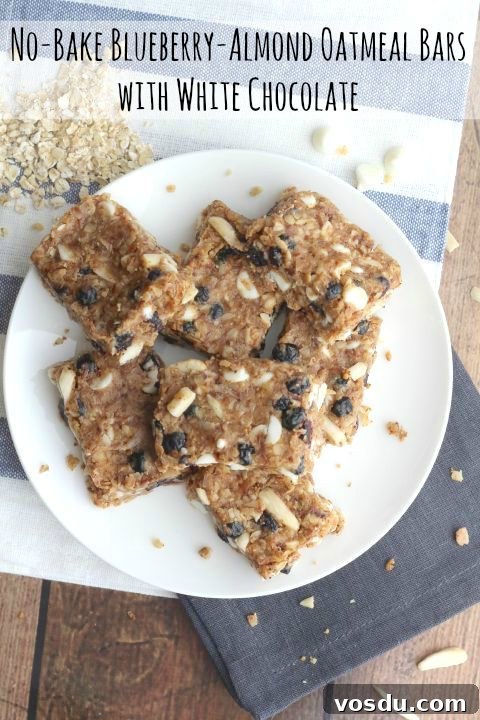 No-Bake Blueberry-Almond Oatmeal Bars with White Chocolate Recipe {www.TwoHealthyKitchens.com}