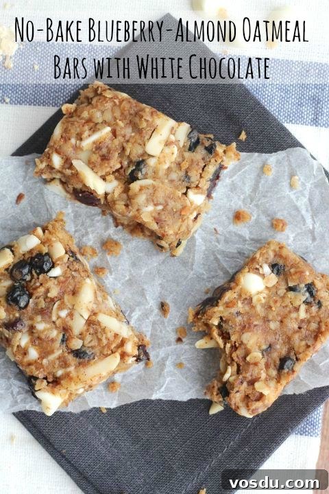 No-Bake Blueberry-Almond Oatmeal Bars with White Chocolate Recipe {www.TwoHealthyKitchens.com}