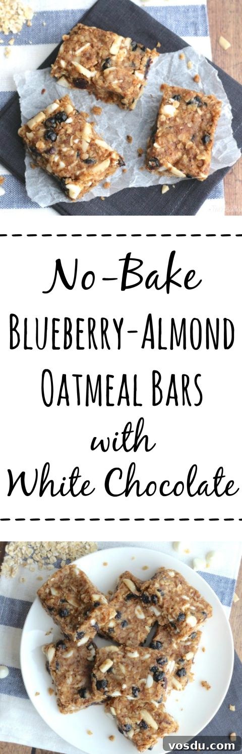 No-Bake Blueberry-Almond Oatmeal Bars with White Chocolate Recipe {www.TwoHealthyKitchens.com}