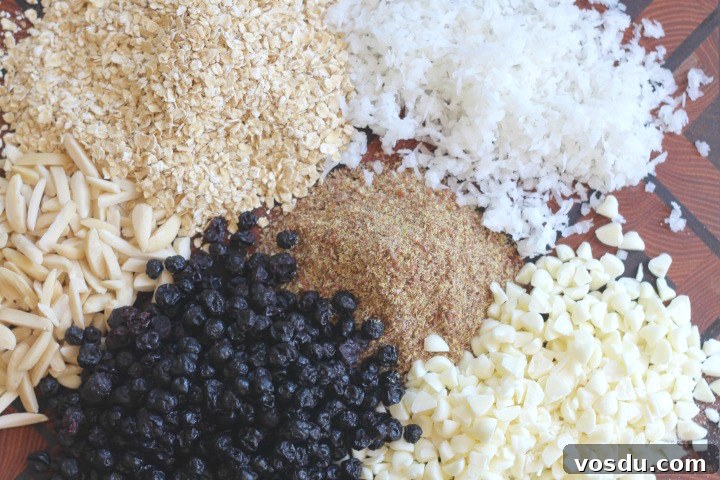 No-Bake Blueberry-Almond Oatmeal Bars with White Chocolate Recipe {www.TwoHealthyKitchens.com}