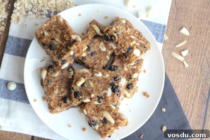 No-Bake Blueberry-Almond Oatmeal Bars with White Chocolate Recipe {www.TwoHealthyKitchens.com}