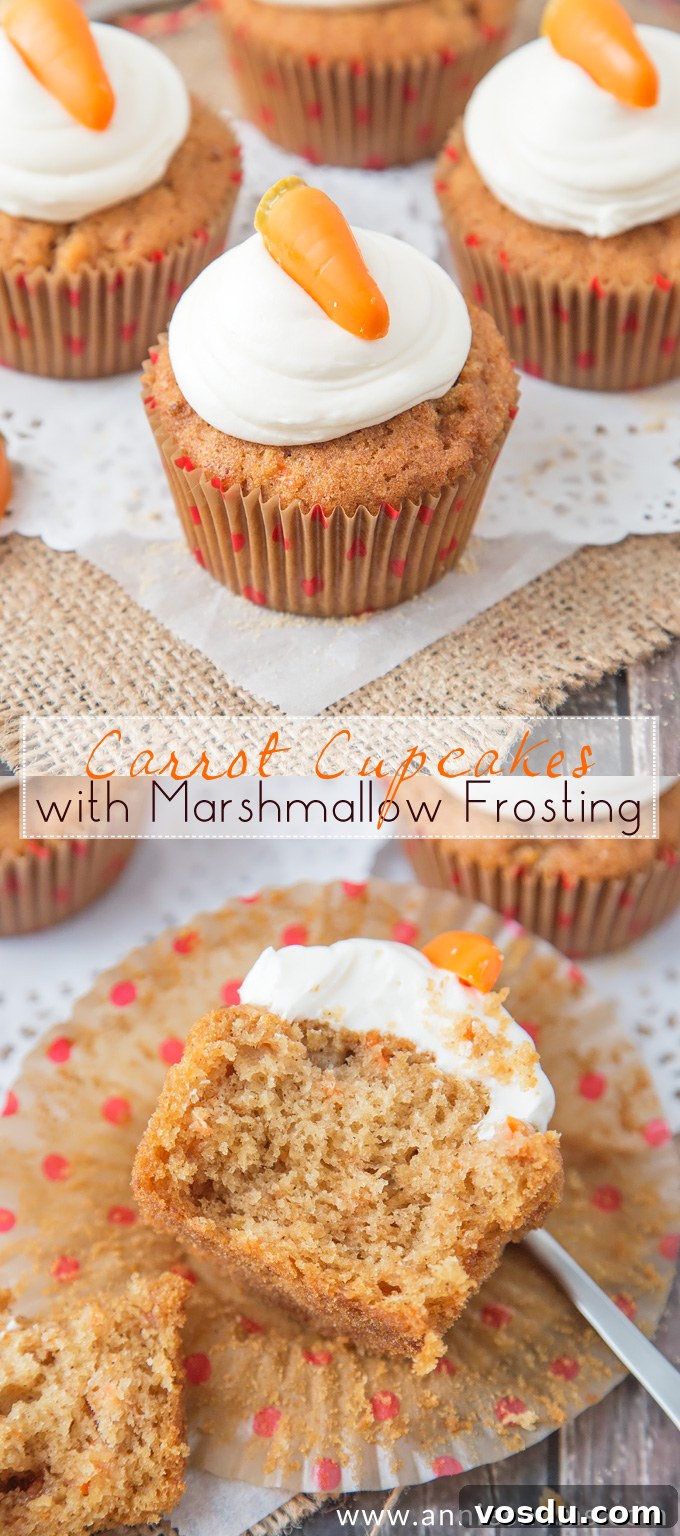 These Carrot Cupcakes are spicy, sweet, jam packed with shredded carrot and topped with a smooth, fluffy Marshmallow Frosting.