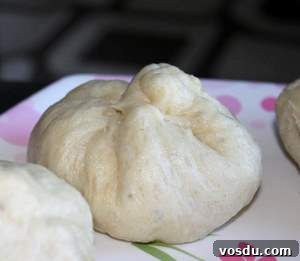A closeup of a veggie bao on a white and pink patterned plate