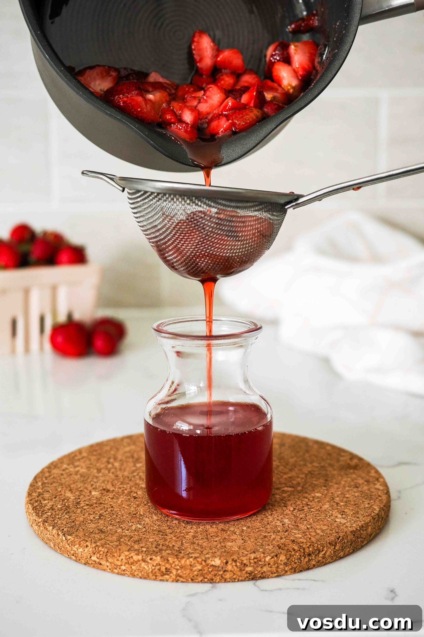 Homemade Small-Batch Strawberry Syrup Recipe 8 Strawberry syrup is poured out of a pot through a strainer and into a small jar.