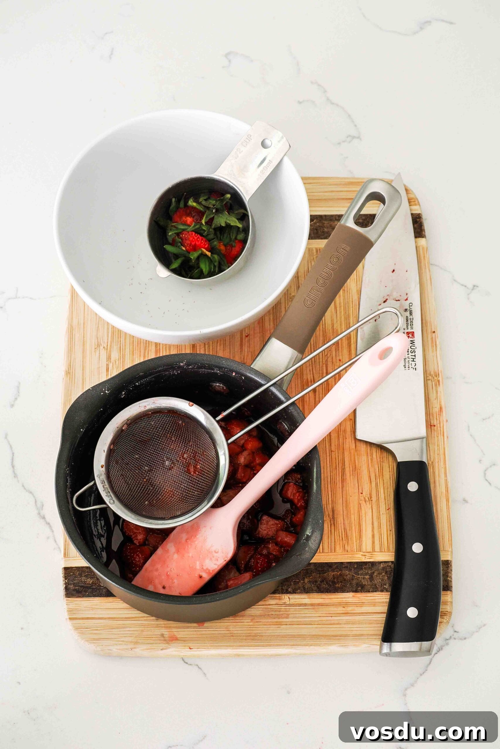 Homemade Small-Batch Strawberry Syrup Recipe 9 Dishes needed to make small batch strawberry syrup.