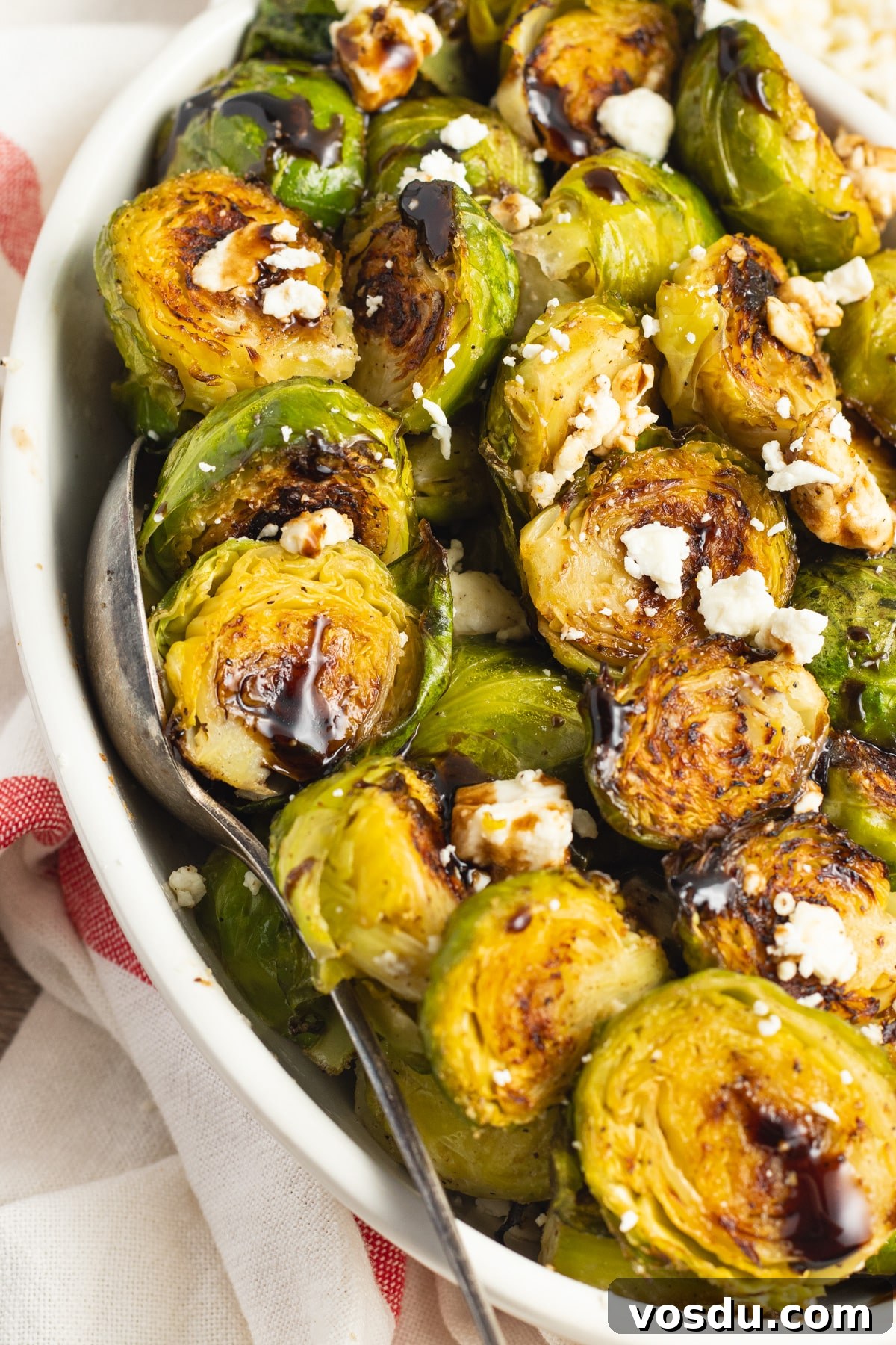Crispy Roasted Brussels Sprouts with Feta and Lemon Zest 14 This is a picture of a bowl of Brussels sprouts with feta and balsamic glaze.
