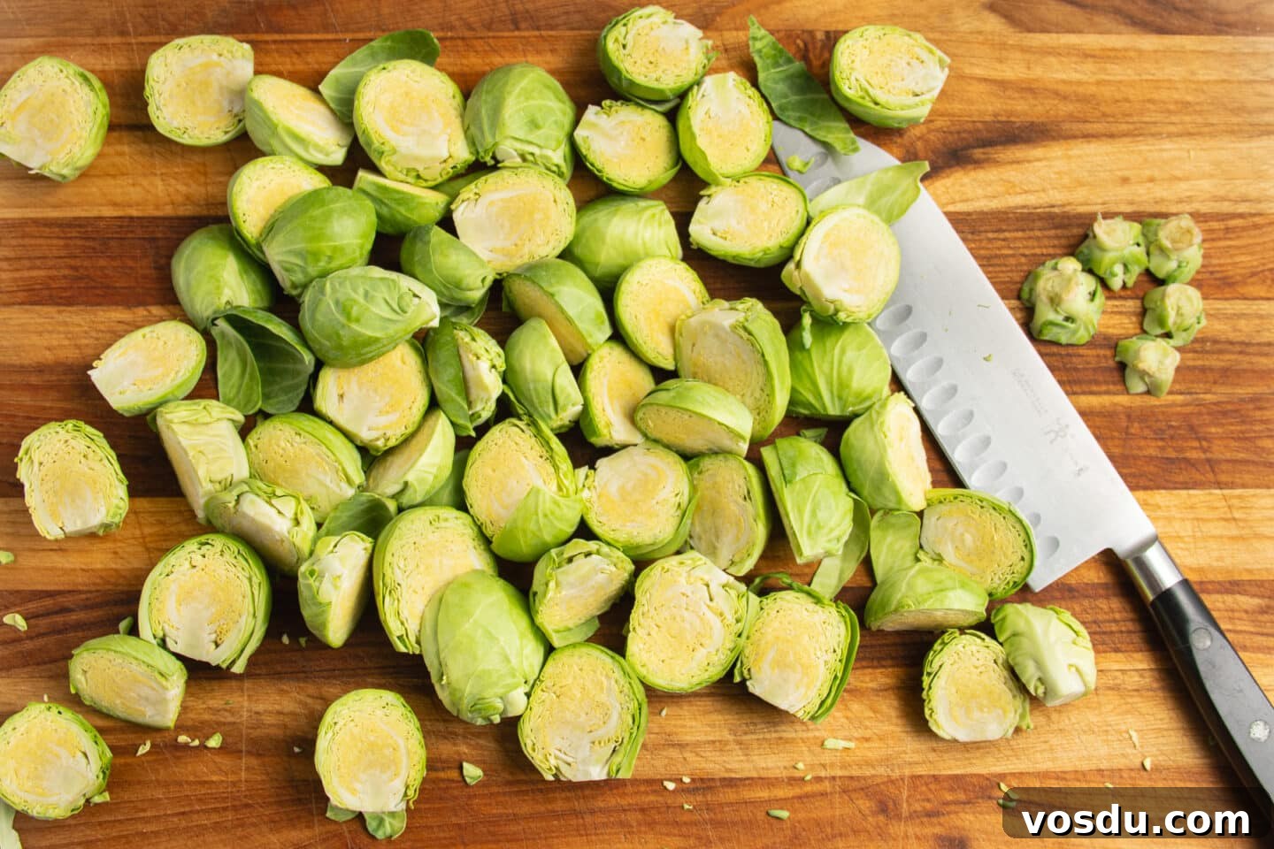 Crispy Roasted Brussels Sprouts with Feta and Lemon Zest 5 This is a picture of chopped Brussels sprouts.