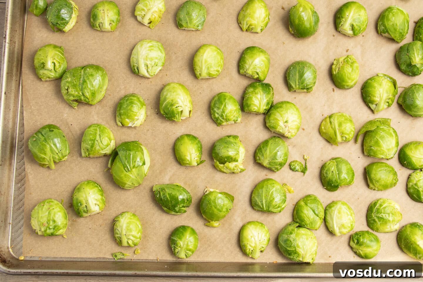 Crispy Roasted Brussels Sprouts with Feta and Lemon Zest 8 This is a picture of a baking sheet of Brussels sprouts.