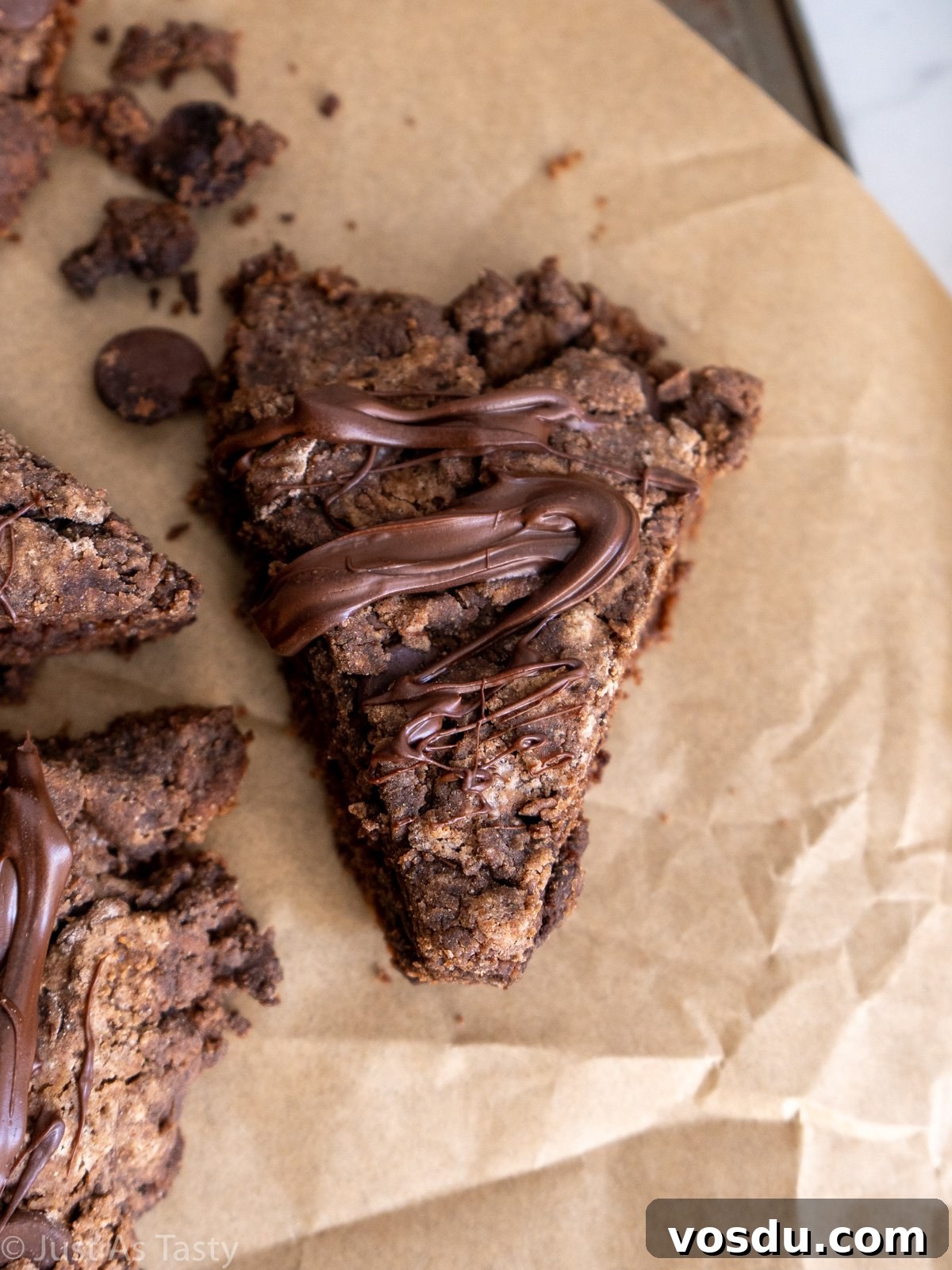 Gluten-Free Eggless Triple Chocolate Scones Recipe 4 Close-up of a chocolate scone.