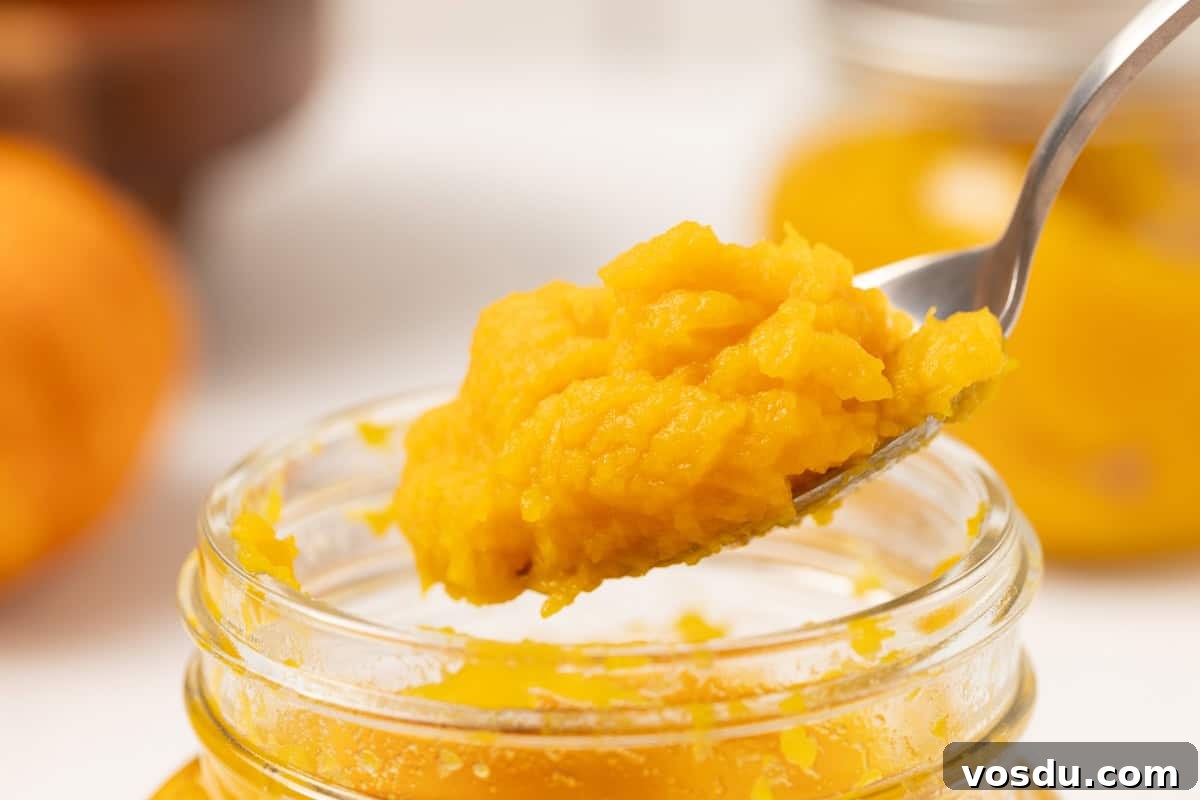 Homemade Pumpkin Puree From Scratch — Step-by-Step Recipe 10 a spoon full of pumpkin puree being scooped out of a mason jar