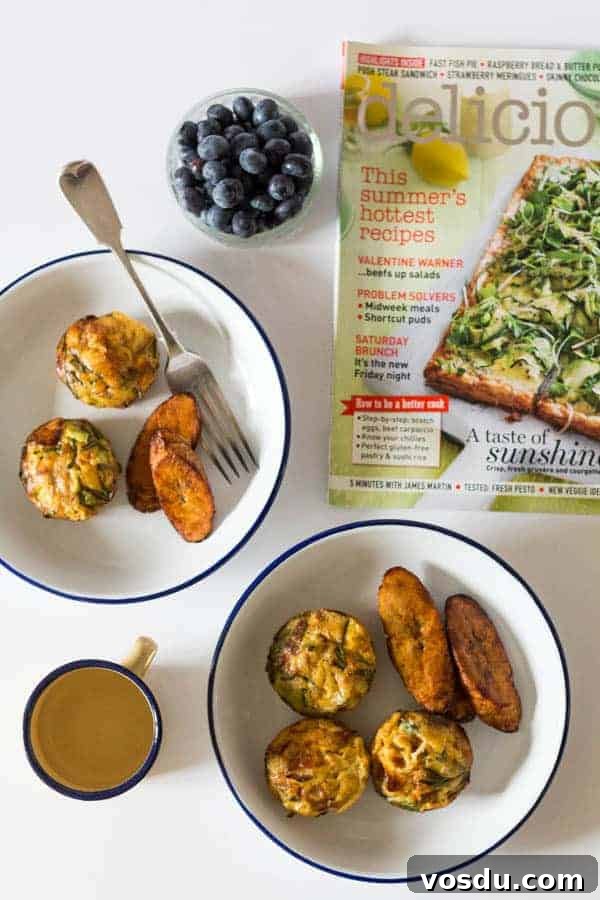 overhead view of a plantain frittata in a bowl next to a spoon and a magazine