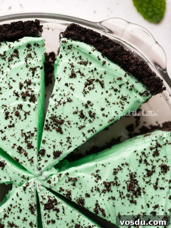 Cookies and Cream Fudge Recipe: Rich No-Bake Dessert Guide 9 Slices of no bake mint chocolate pie in a glass pie plate on white background.